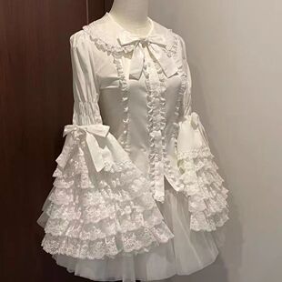 蕾丝doll感lolita姬袖Lolita衬衫内搭姬袖薄款黑白长袖修身蝴蝶结