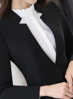 秋冬OL职业装套装女时尚立领长袖黑色西装正装酒店商务工作服制服