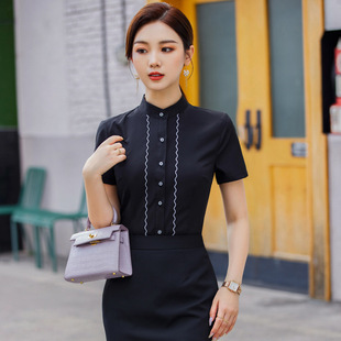 女短袖 正装 职业韩版 白色衬衣女2025夏新款 工作服 OL修身 立领白衬衫