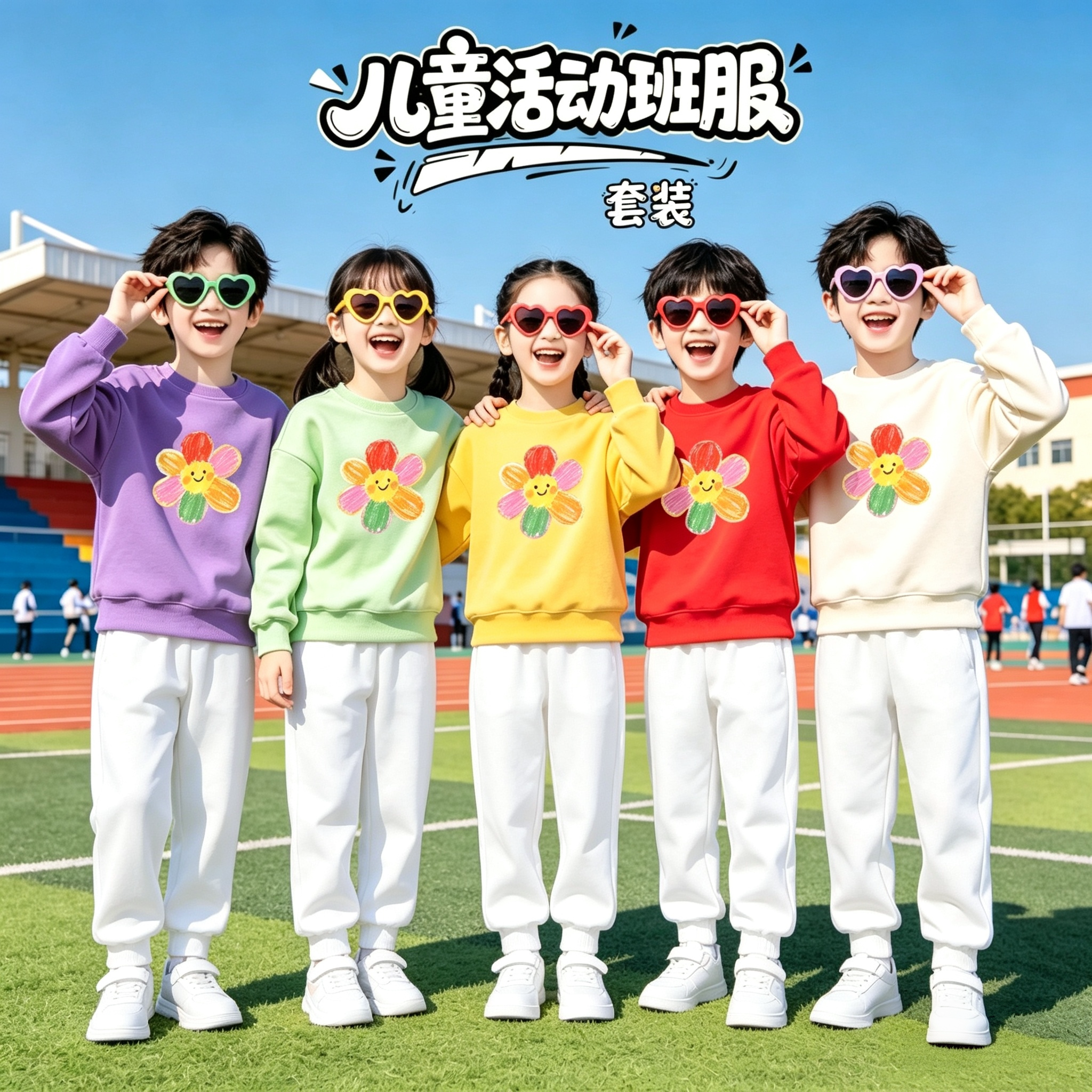 彩色太阳花衣服女童白色卫衣幼儿园亲子活动服装小学生运动会班服