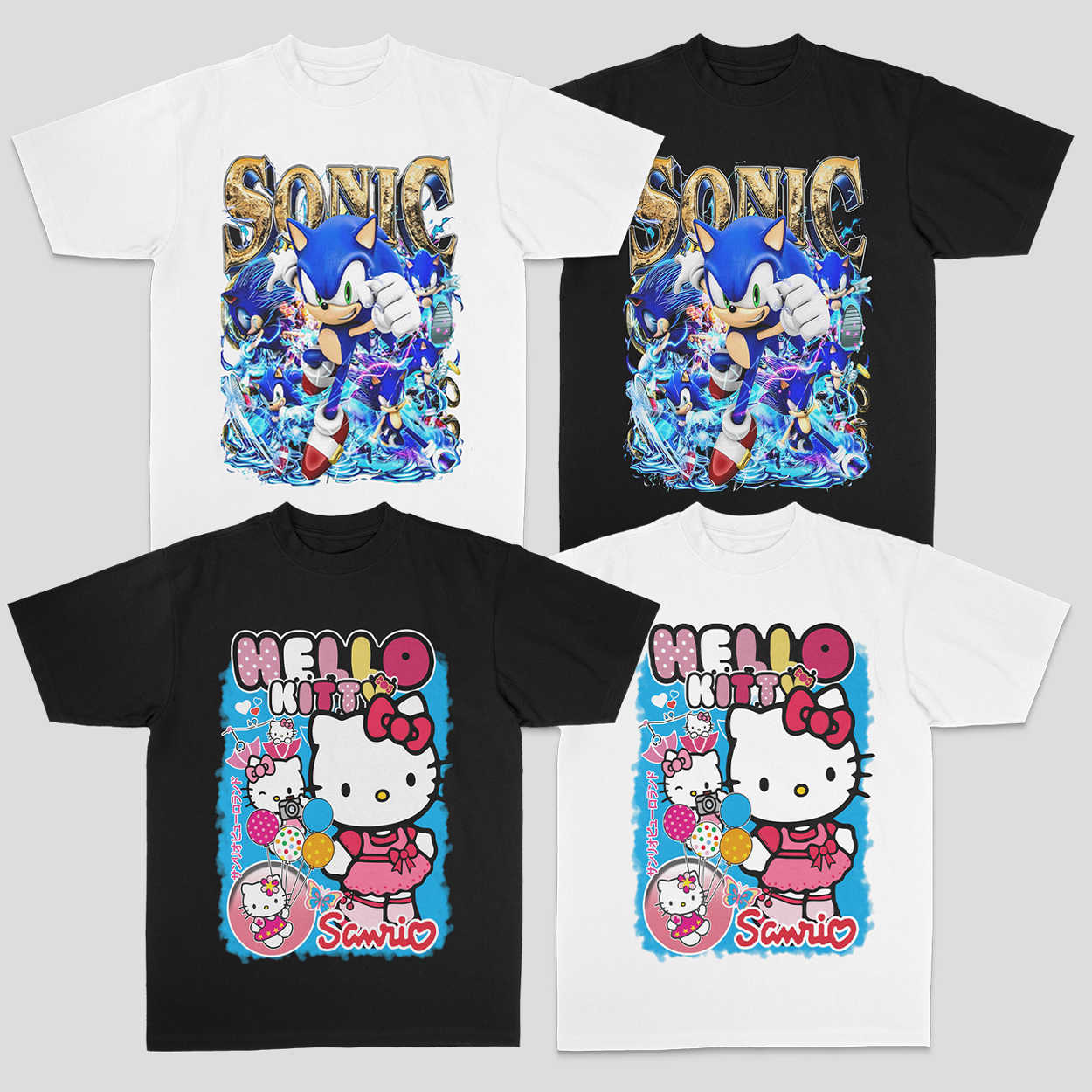 日系动漫音速小子hello kitty美式重磅圆领纯棉数码直喷短袖T恤