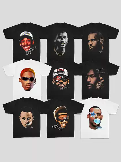 Collection of Star Players' Big Heads: Kobe, James, Harden, Tatum, Curry, American-Style Printed Streetwear Pure Cotton Short-Sleeve T-Shirt
