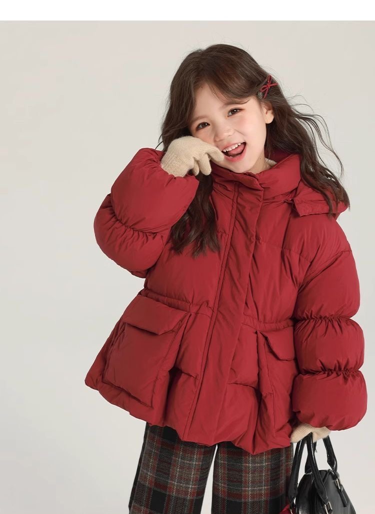 女童冬季连帽棉服外套2025新款儿童洋气灯笼袖女童羽绒棉加厚外套