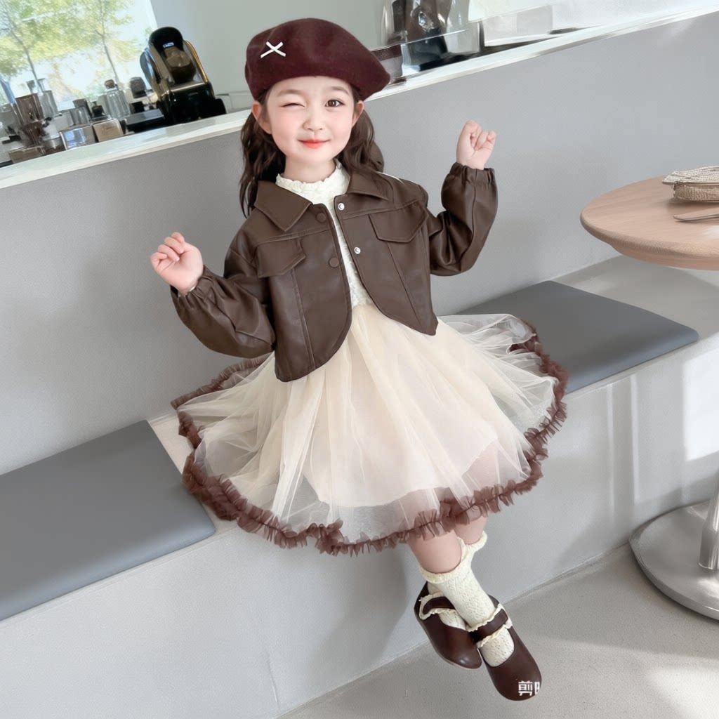 女童皮衣两件套春秋装2026新款小女孩洋气时髦网纱连衣裙套装潮流