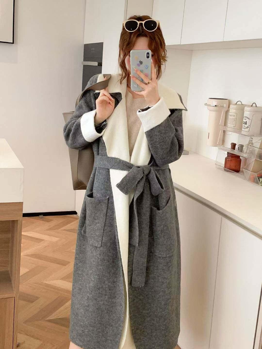 韩版宽松灰色设计感撞色假两件系带针织开衫女2025秋冬中长款外套