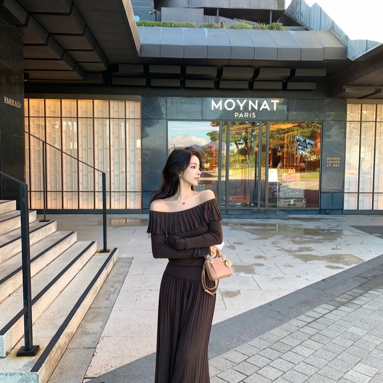 秋冬新款韩版高级感一字领针织衫阔腿裤两件套慵懒风气质羊毛套装