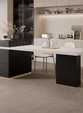 现代简约中岛台餐桌一体家用可伸缩纯白下挂岩板广东政府补贴导台