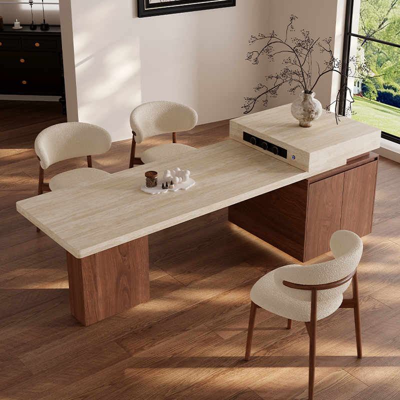 岩板中古风可伸缩岛台餐桌一体