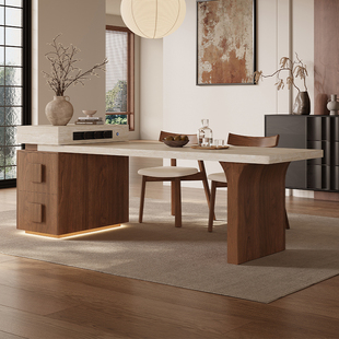 中古风岛台餐桌一体家用可伸缩小户型餐厅厨房靠墙洞石岩板小岛台