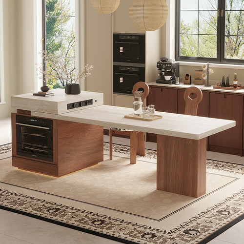 复古洞石岩板岛台餐桌一体蒸烤箱