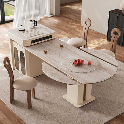 洞石岩板方圆两用岛台餐桌一体