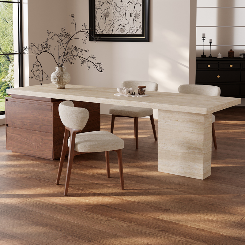 齐平岛台餐桌一体中古风家用高级开放厨房餐厅下挂洞石全岩板导台