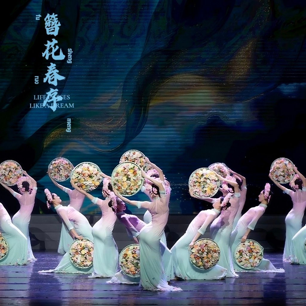 花簪春序中国古典舞儿童演出服女子群舞浔埔花簪簸箕表演道具旗袍