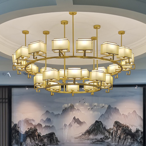 新中式工程大吊灯中国风双层酒店包厢宴会厅餐厅客厅灯饰布艺灯罩