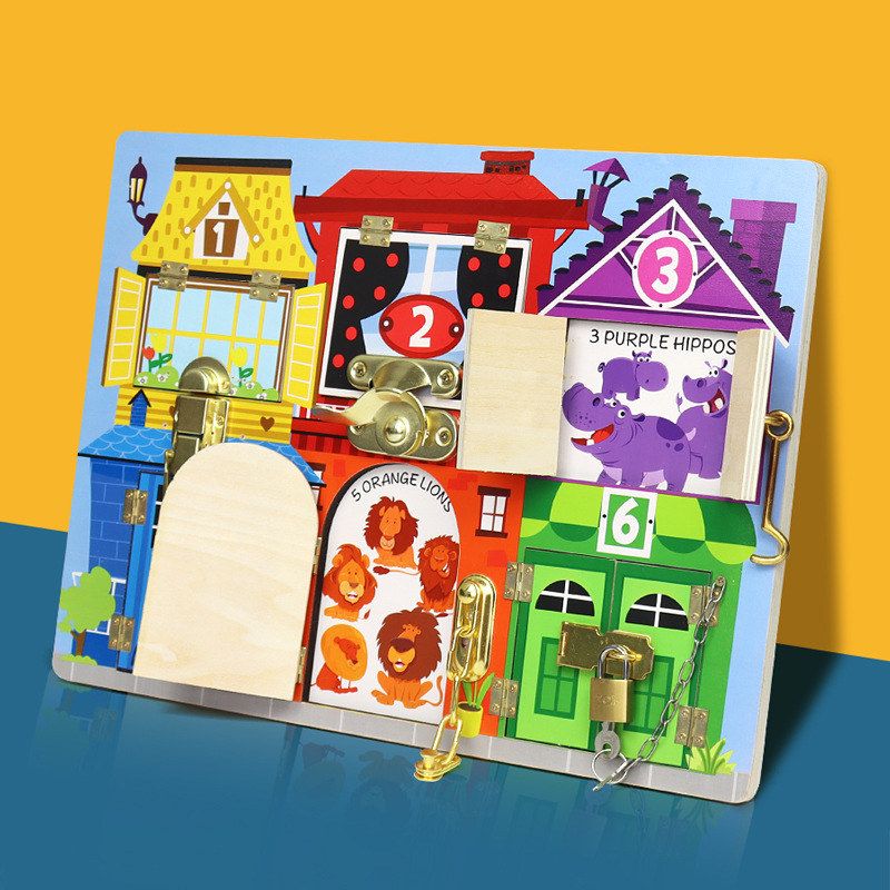 儿童门闩解锁忙碌板房屋开门板宝宝早教益智开锁忙碌板玩具