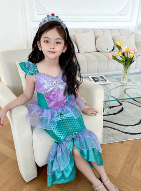 小美人鱼公主裙爱丽儿女童连衣裙万圣节儿童服装鱼尾长裙纯棉宝宝