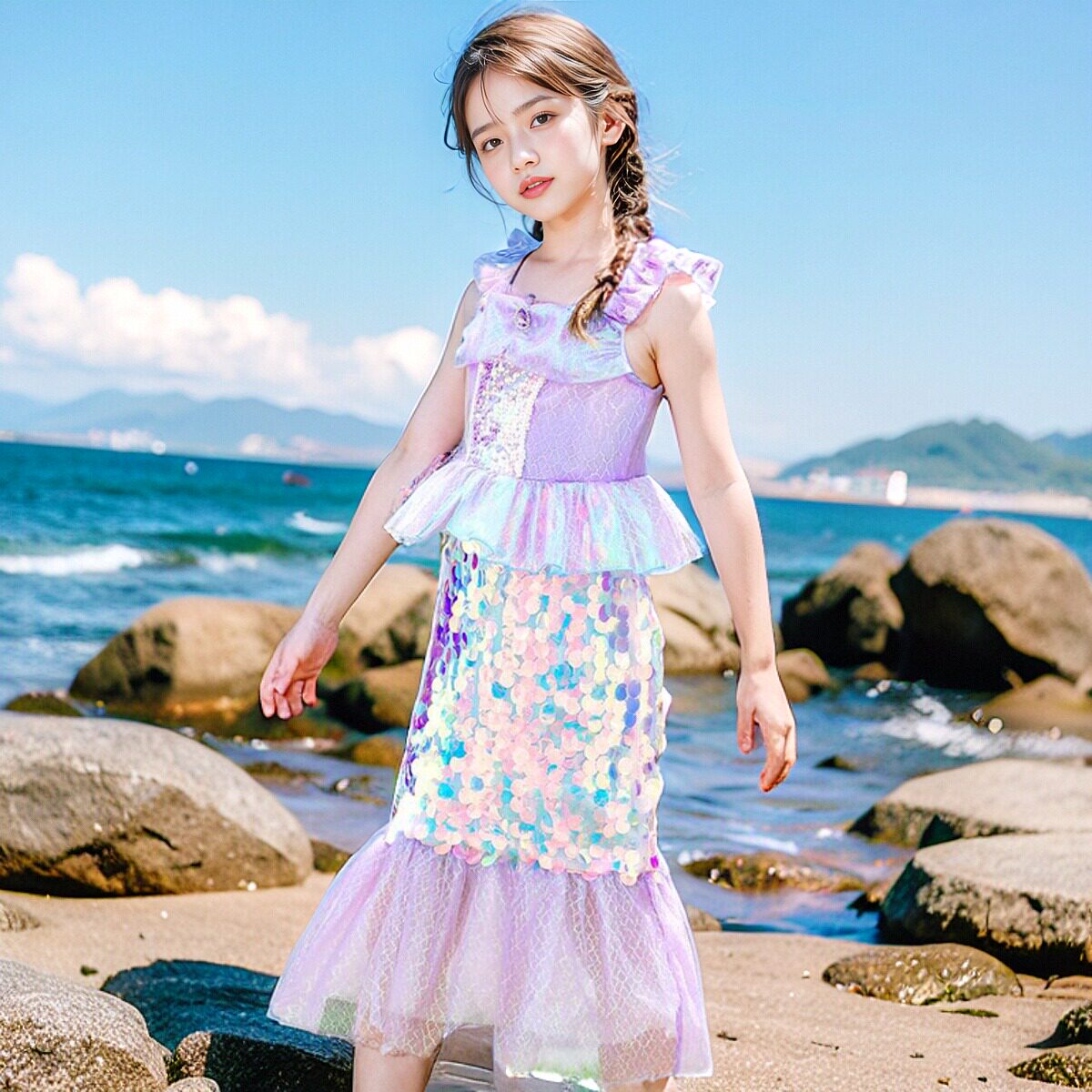 美人鱼爱丽儿公主裙女童亮片连衣裙子儿童表演装扮鳞片背心鱼尾裙 - 实物图
