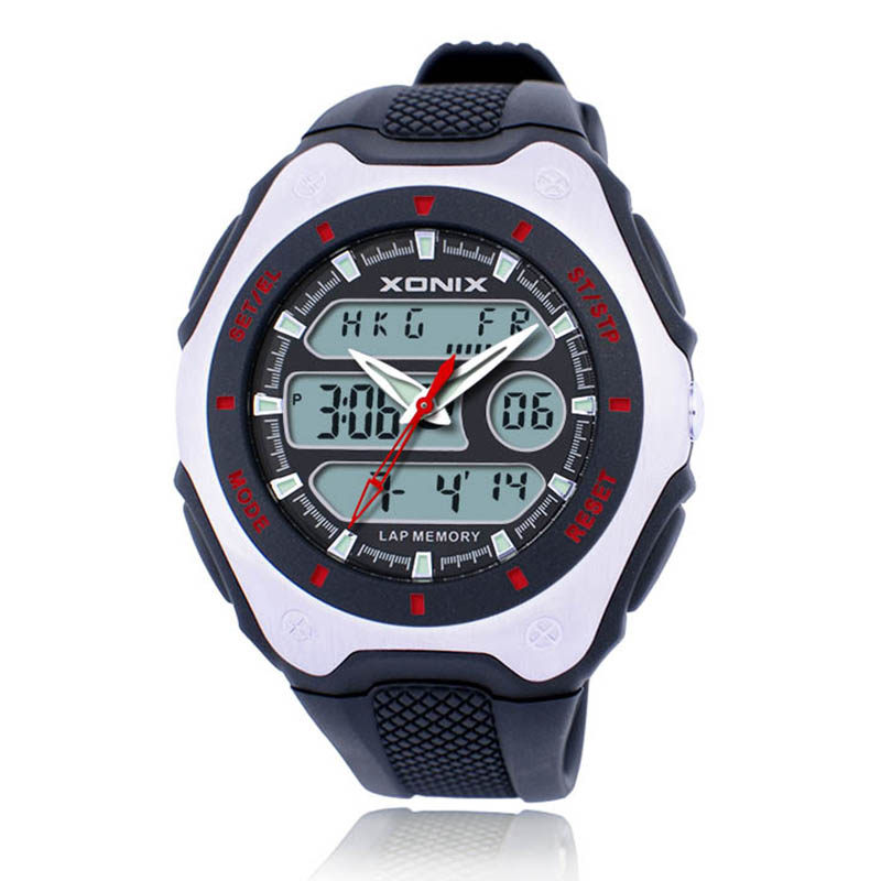 XONIX时尚运动电子指针跑步计时学生防水游泳夜光双显男款手表