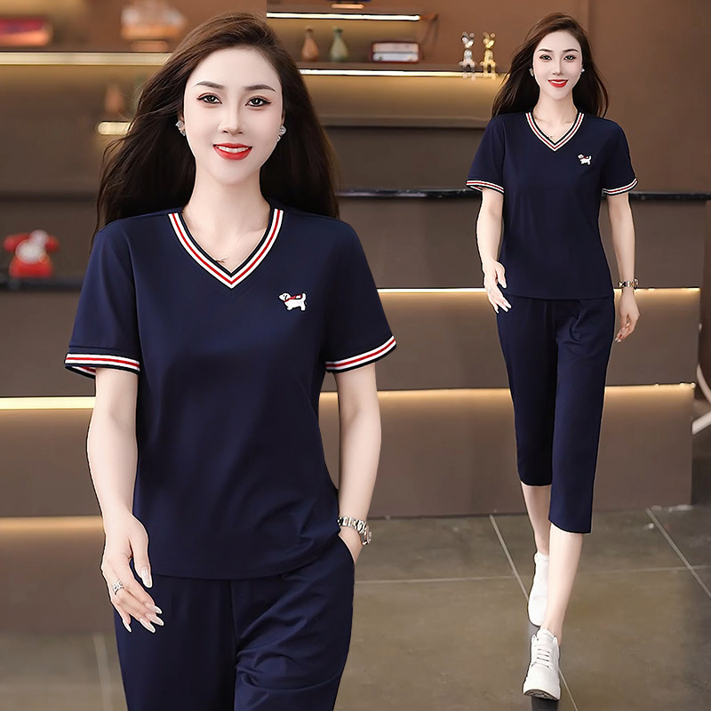 休闲运动套装女夏季2025新款洋气显瘦冰丝短袖七分裤跑步服两件套