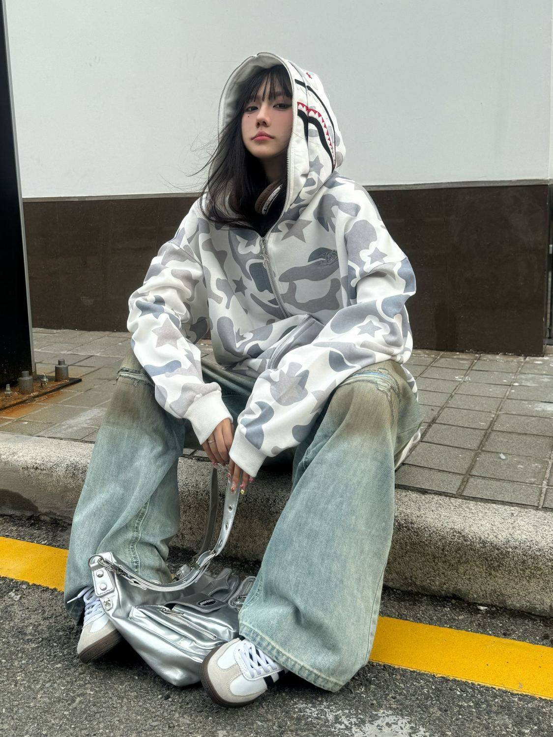 啄木鸟美式复古印花宽松开衫连帽拉链帽衫外套休闲卫衣男女同款
