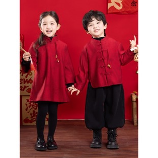 男童拜年服红色儿童新中式帅气喜庆过新年衣服战袍冬季国潮风套装