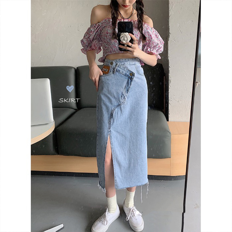 新款不规牛仔半身裙女2021夏装爆款高腰显瘦中长款侧 显瘦显腿长