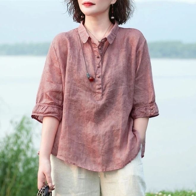 中年女士衬衫时尚洋气质妈妈夏装上衣春秋新款棉麻宽松休闲小衫