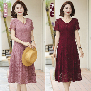 中年洋气妈妈夏装气质连衣裙新款小个子中老年女夏季短袖蕾丝裙子