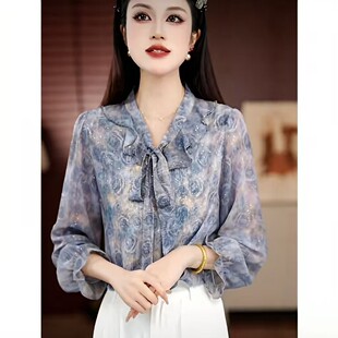 打底衫 印花减龄新款 套头小衫 夏季 妈妈装 女装 宽松七分袖 花边领衬衫