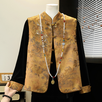 新中式妈妈春装国风金丝绒上衣马甲两件套中老年女装端庄大气套装