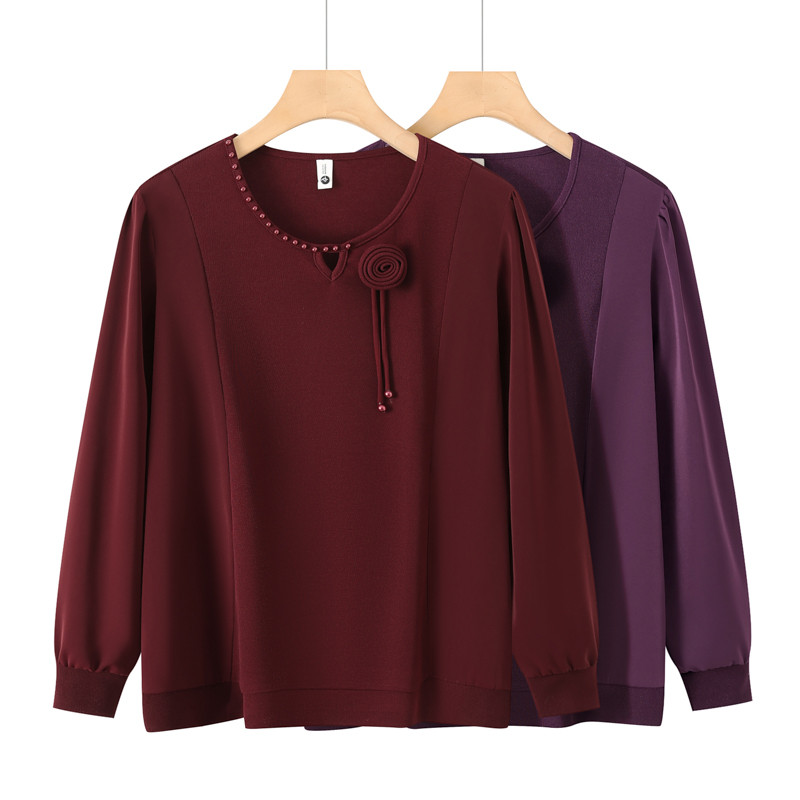 妈妈春装针织衫大码中年女士短款打底衫套头中老年春秋圆领薄上衣