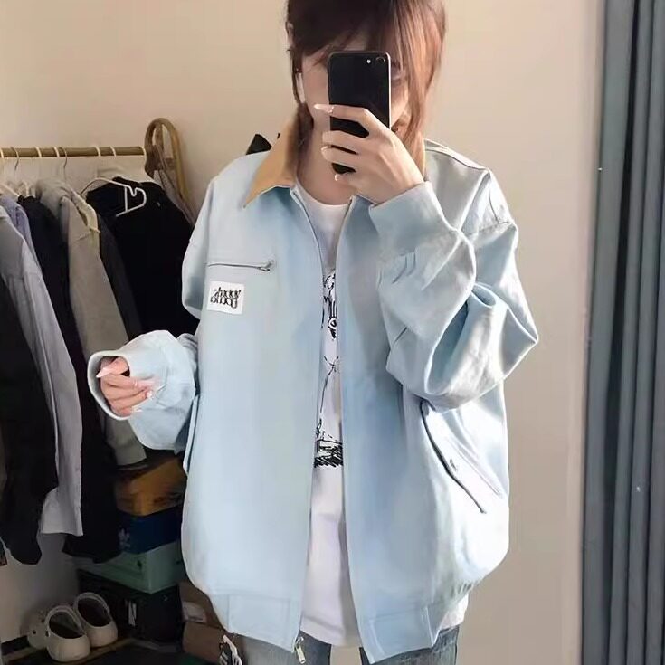 美式复古翻领外套女春季2025新款宽松百搭男女款夹克棒球服上衣潮