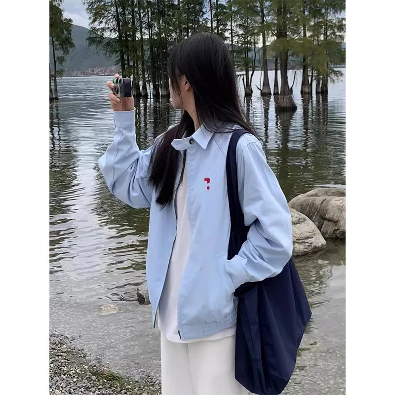 秋季蓝色外套女小个子美式棒球服春秋宽松休闲百搭翻领夹克上衣潮