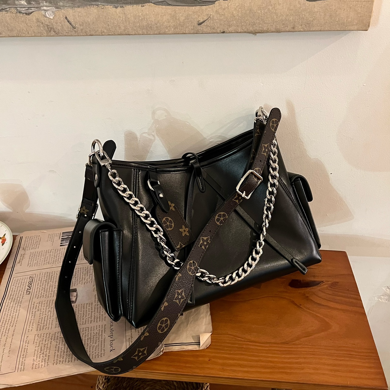 网红ins风法式单肩杀手包立体日韩气质链条手提包老花斜挎托特包