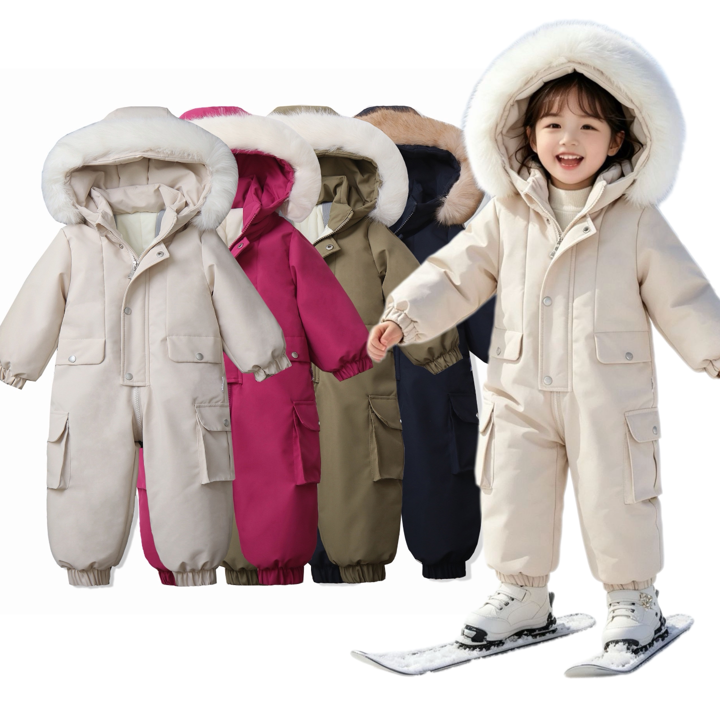 冬季儿童连体衣滑雪服男女童防风防水工装外出服加绒加厚宝宝爬服