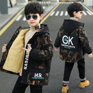 男童加绒风衣外套2025新款中大儿童冬装加厚棉衣男孩洋气派克服潮