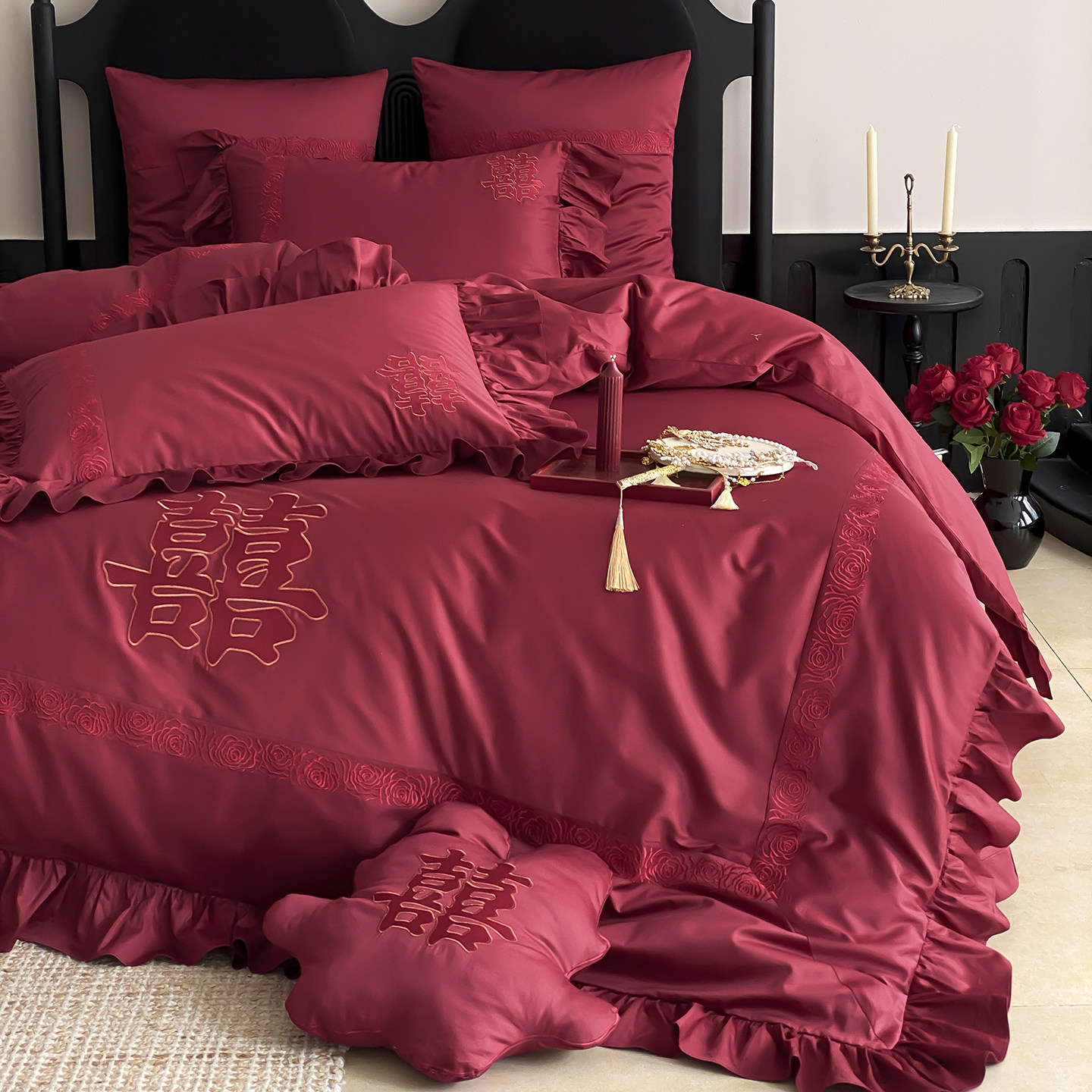 新中式荷叶边刺绣花结婚庆四件套