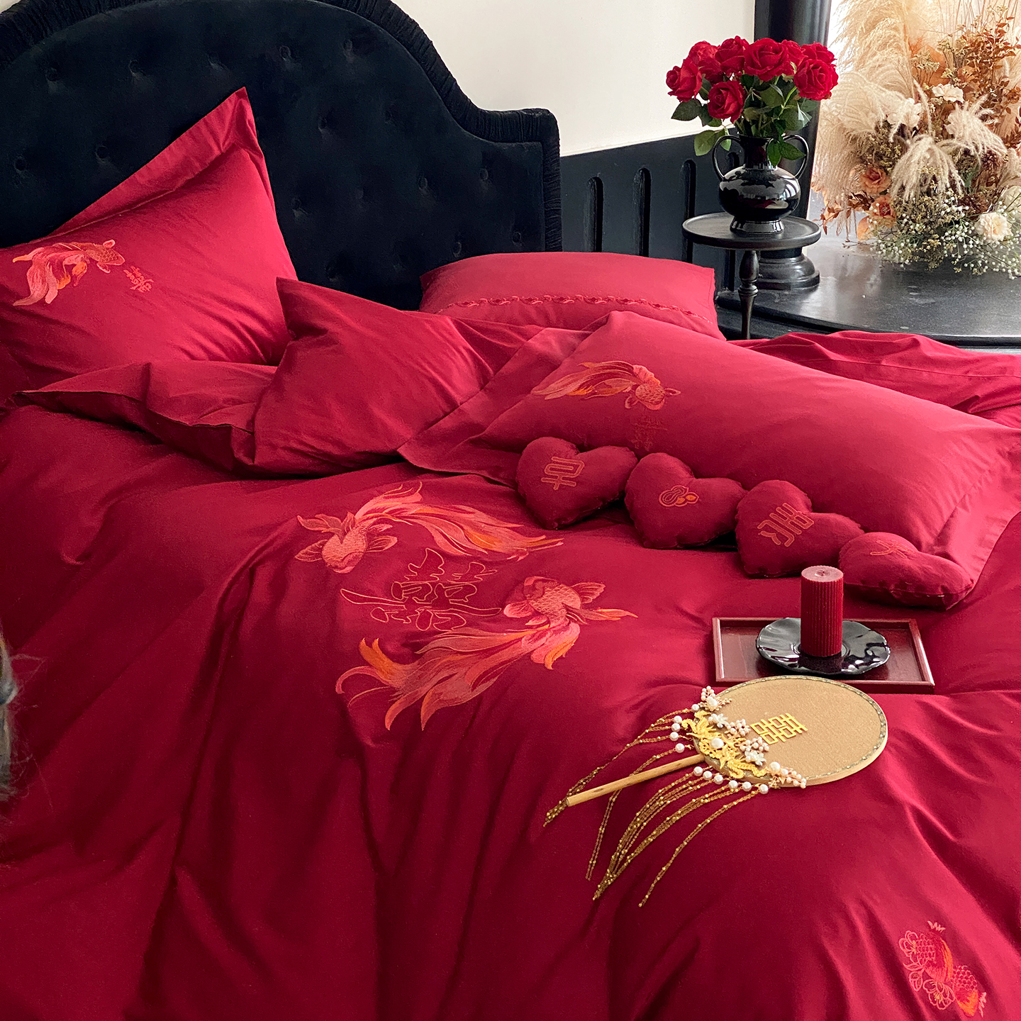 新中式刺绣金鱼锦鲤结婚庆四件套