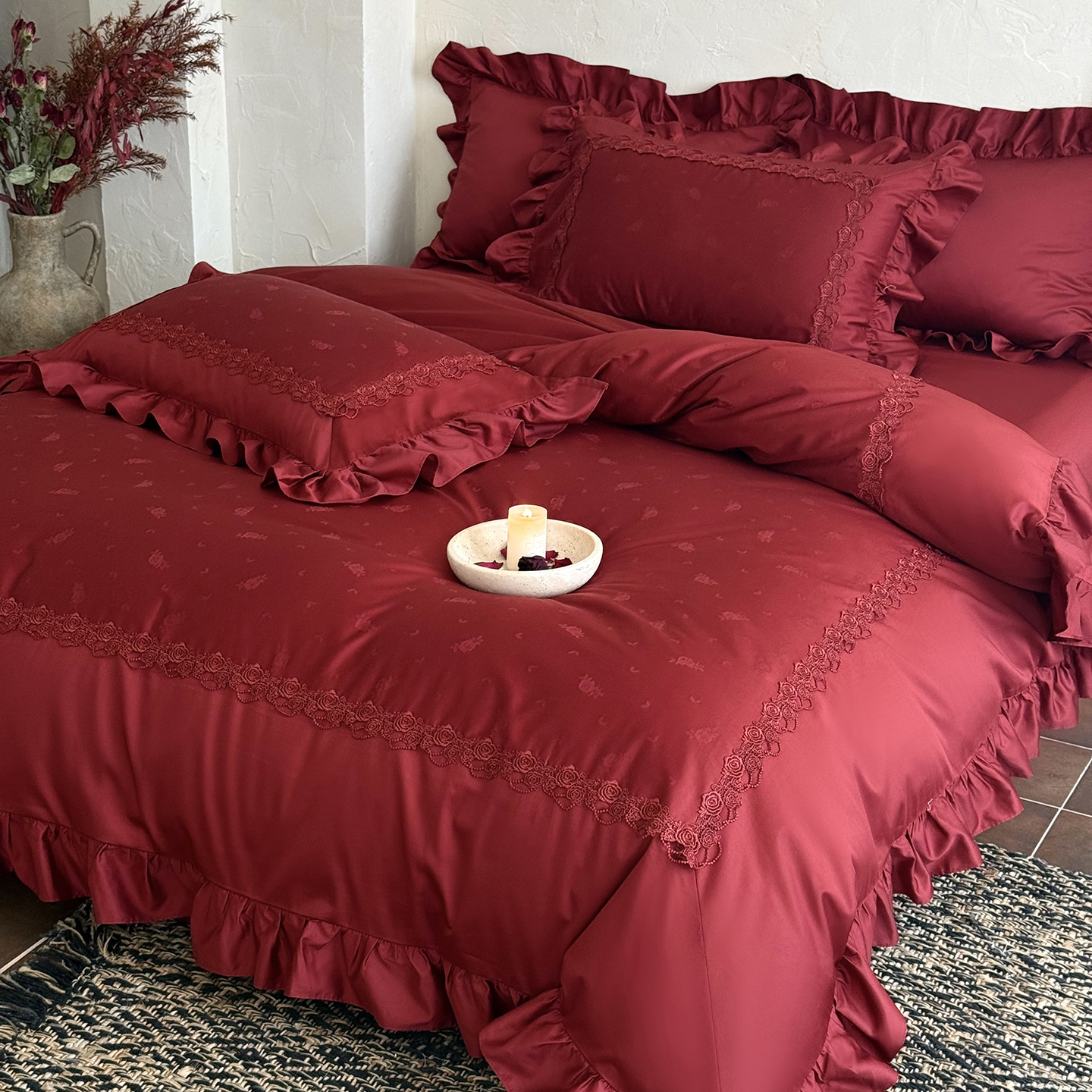 欧式轻奢刺绣玫瑰结婚庆全棉四件套100S纯棉红陪嫁娶床上被套床单