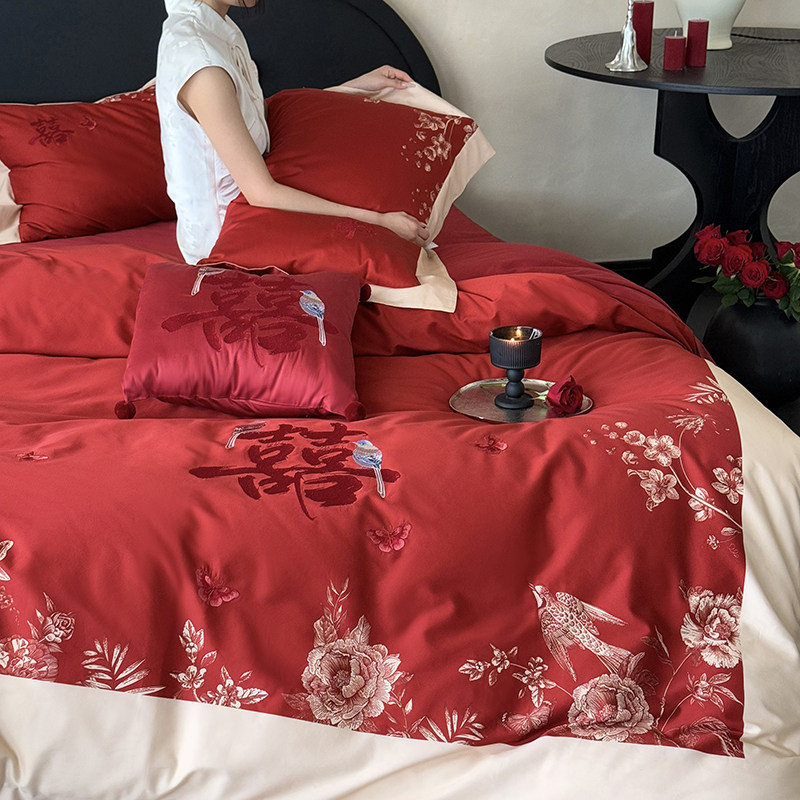 新中式轻奢刺绣花结婚庆全棉四件套100S纯棉红陪嫁床上喜被套床单