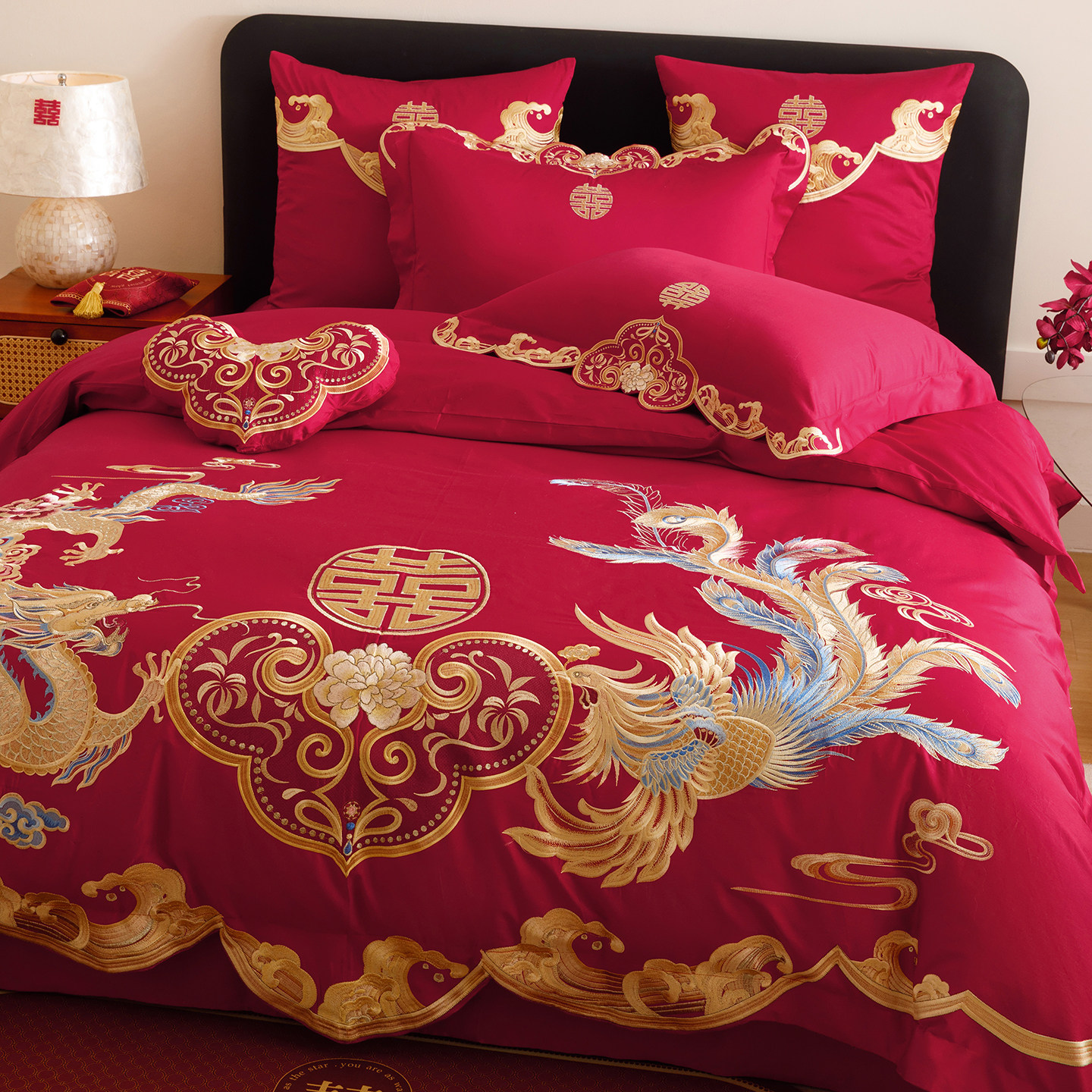 新中式轻奢刺绣龙凤结婚庆四件套