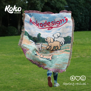 koko原创自由线条小狗针织盖毯沙发氛围毯ins韩风午睡毯壁毯挂毯