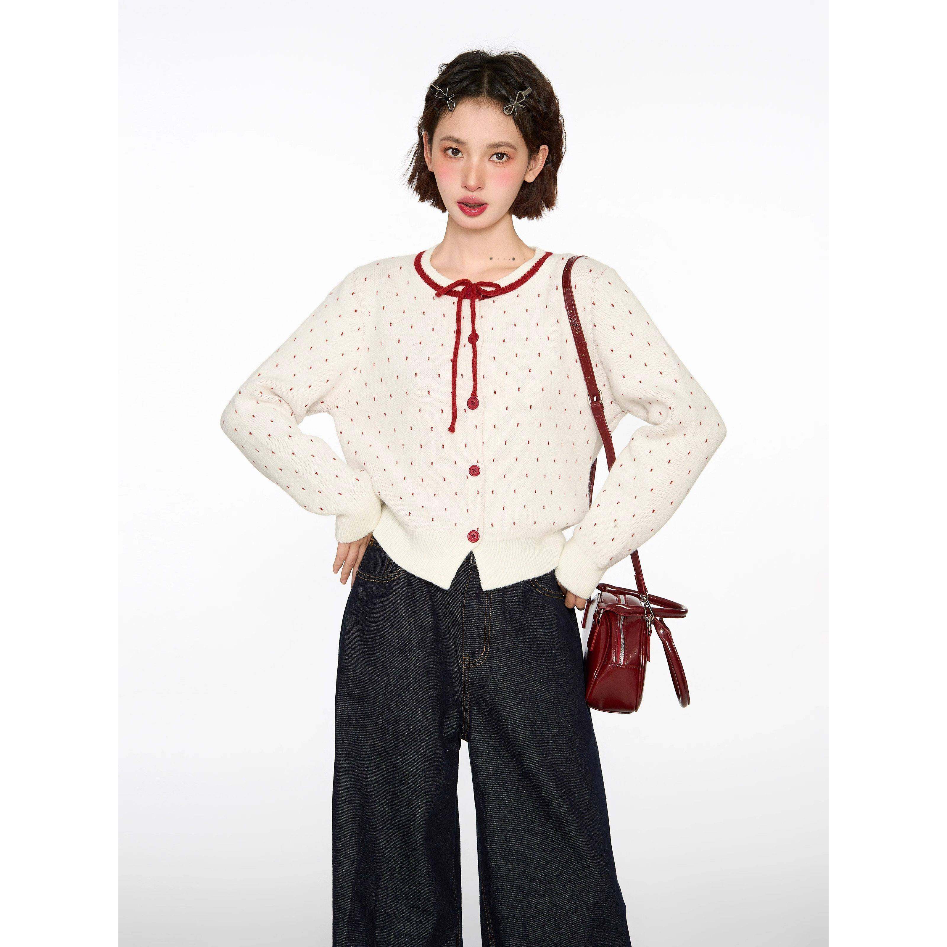 白色圆织衫秋冬针女衫开衫短羊毛针点织春HLG装下装衬衫上衣