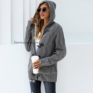 秋冬加绒开衫毛衣女 单排扣宽松长袖连帽针织衫外套 多色可选