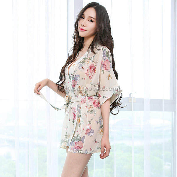日式和服睡衣女夏开衫微透性感浴袍碎花宽松薄纱睡裙雪纺睡袍内衣