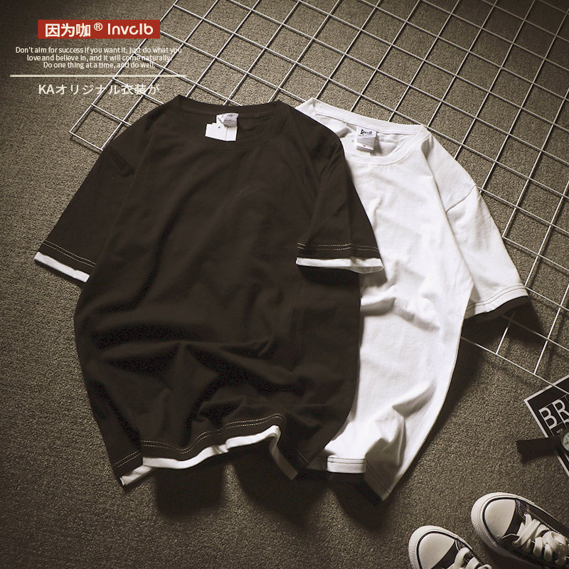 休閑港風街頭寬松純棉短袖t恤男女半袖打底衫情侶體恤假兩件上衣在類目 男裝, T恤中 - 來自Buy2taobao.com提供專業的淘寶代購服務