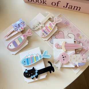 日韩新款 超可爱雨伞兔子发夹刘海夹小猫小鱼发卡边夹好看扯边夹子