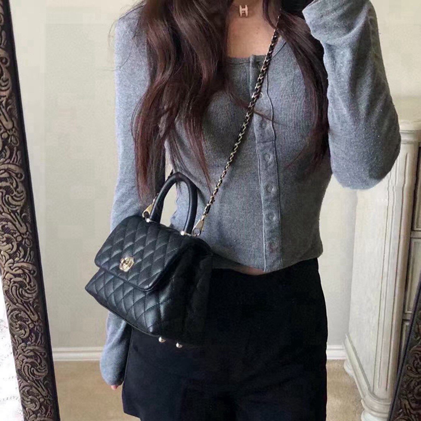 2025新款小香风中古包真皮鱼子酱菱格链条手提包大容量单肩斜挎包