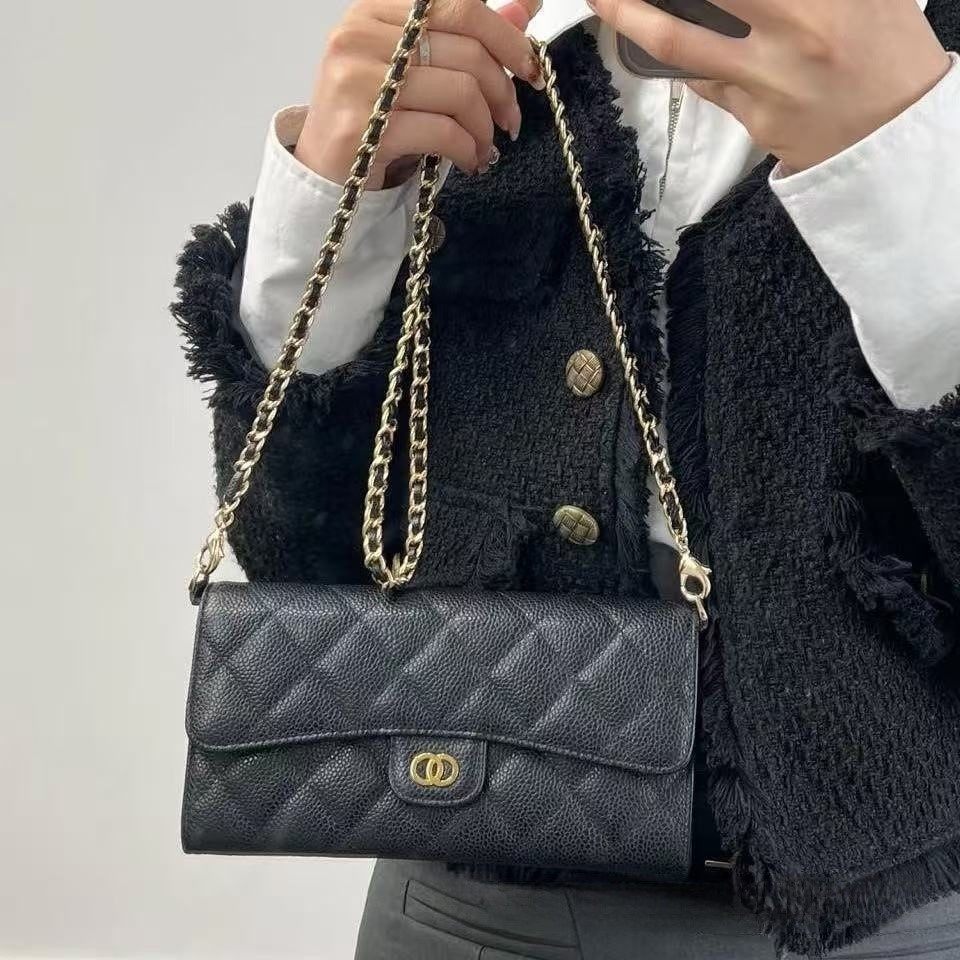 2025新款钱包小香风手拿包菱格链条鱼子酱高级感单肩斜挎真皮卡包