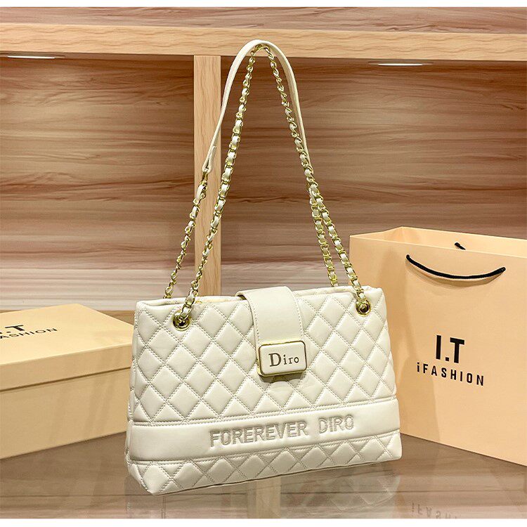 潮流大牌大容量真皮托特包女2025新款小香风菱格链条包单肩斜挎包